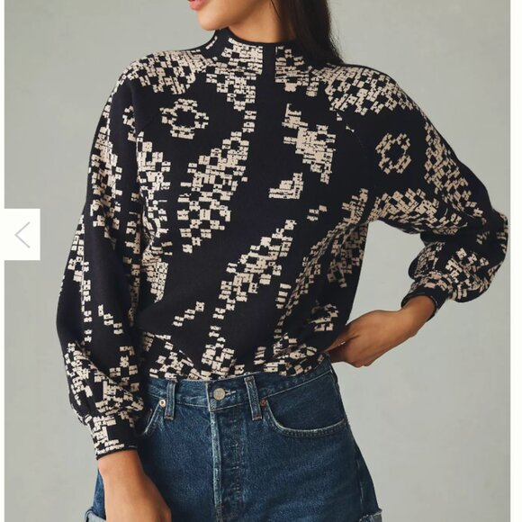 NWT Anthropologie The Beatriz Mock-Neck Sweater navy blue cream Women's XL - Picture 1 of 9